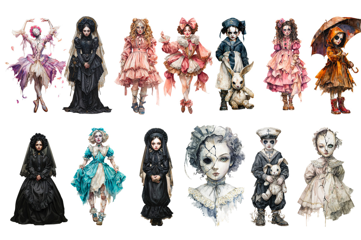Gothic Vintage Dolls Clipart Bundle, a Person Illustration by InkyQueenArt (Photo 4 of 5)
