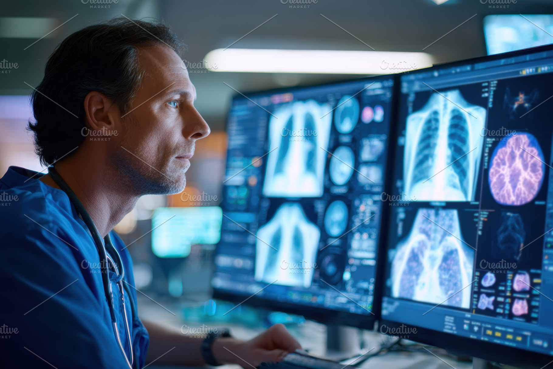 Medical professional analyzing lung scans on monitors, a Health & Medical Photo by AlyaAnd