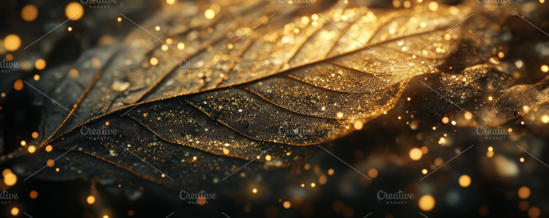 Glowing Golden Veins on Dark Leaf with Water Droplets, an Abstract Photo by Natalia Klenova's Shop
