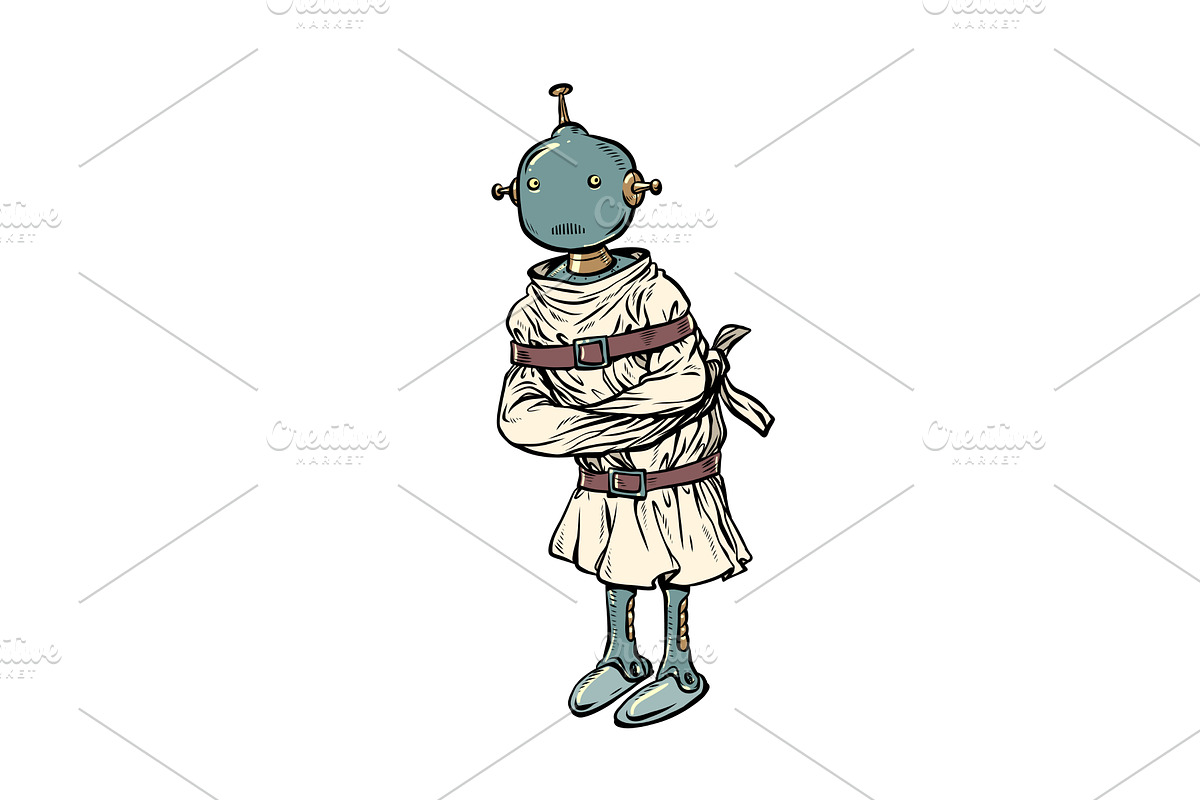 A robot in a straitjacket, a Healthcare Illustration by rogistok