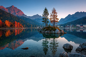 Majestic mountain lake autumn reflec, a Photo by Pixeness Studio
