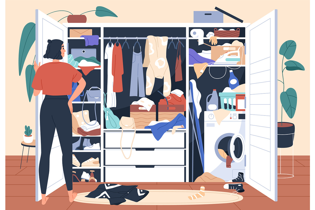 Woman near messy / tidy wardrobes, a Person Illustration by Good Studio (Photo 3 of 3)