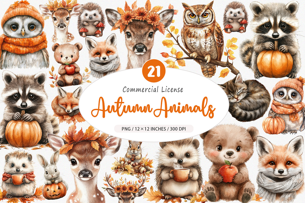 Watercolor Autumn Animals Clipart, an Illustration by SinaCreation (Photo 1 of 5)