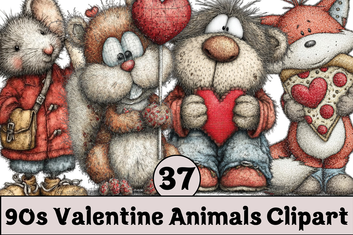 90s Valentine Animals Clipart, an Illustration by Design Market (Photo 1 of 3)