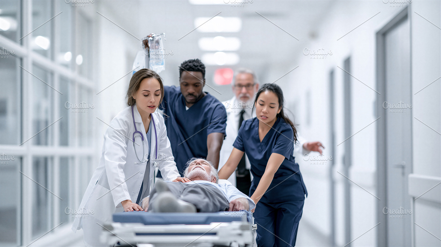 Medical team transporting patient, a Health & Medical Photo by 7DesignLab