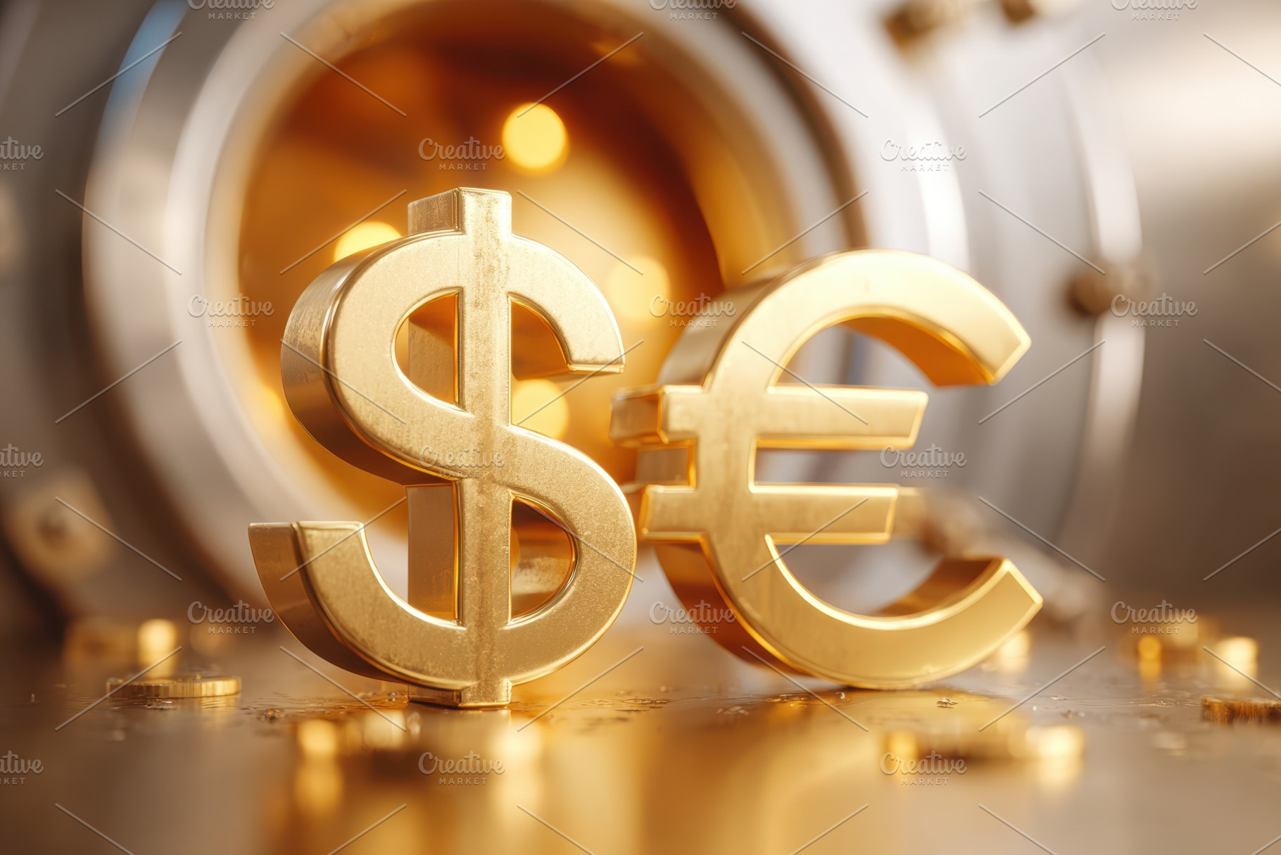 Gold dollar and euro symbols on reflective surface, a Business Photo by AlyaAnd