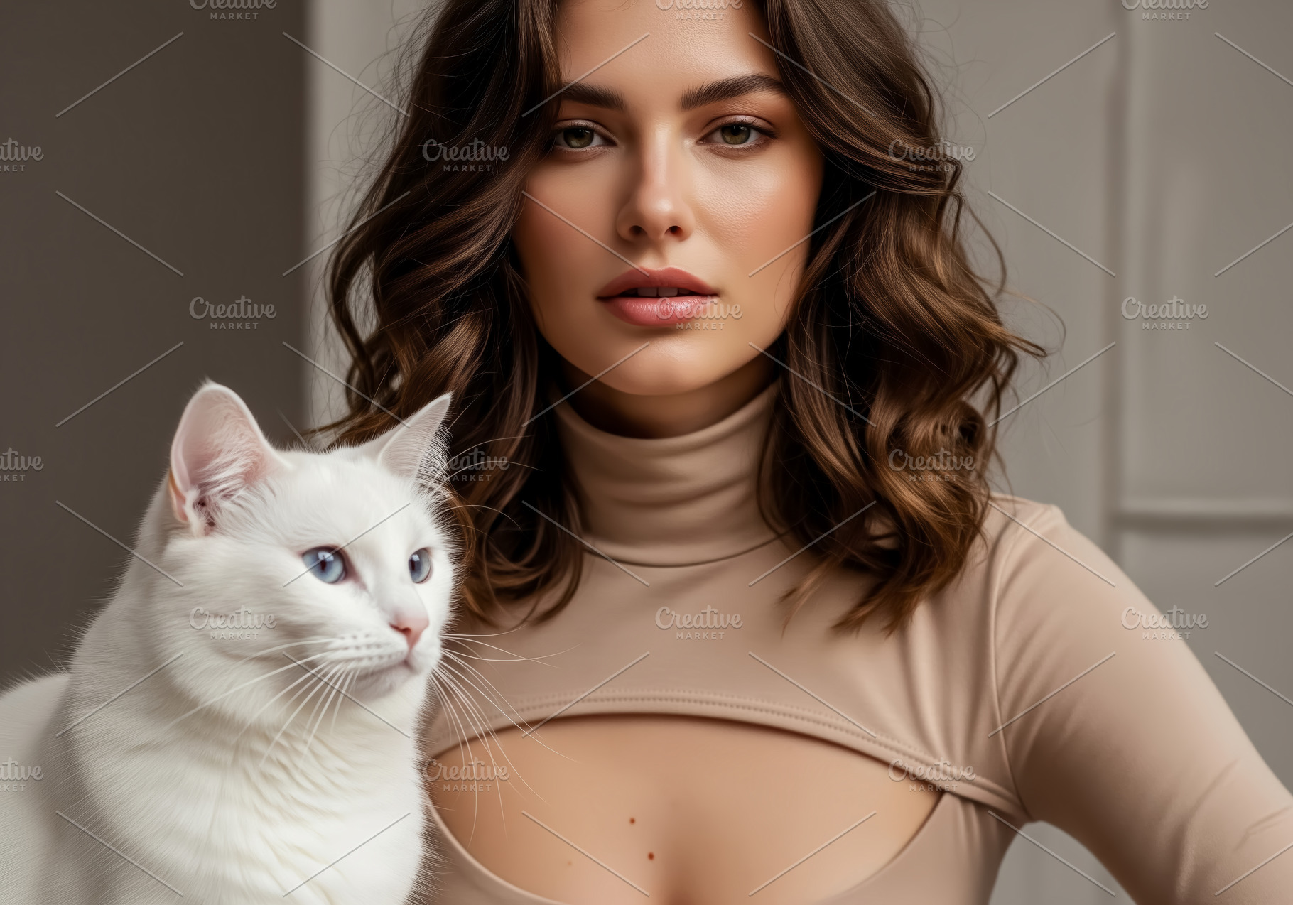attractive woman with a white cat, a Photo by angellodeco