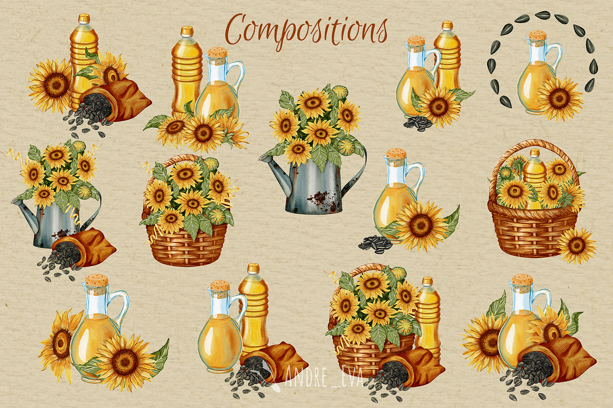 Watercolor Sunflowers Clipart, an Illustration by Andre_Eva (Photo 3 of 9)