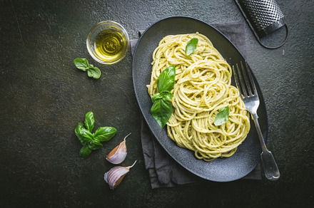 Spaghetti with pesto sauce containing pesto, pasta, and spaghetti, a Food & Drink Photo by piter.goskov