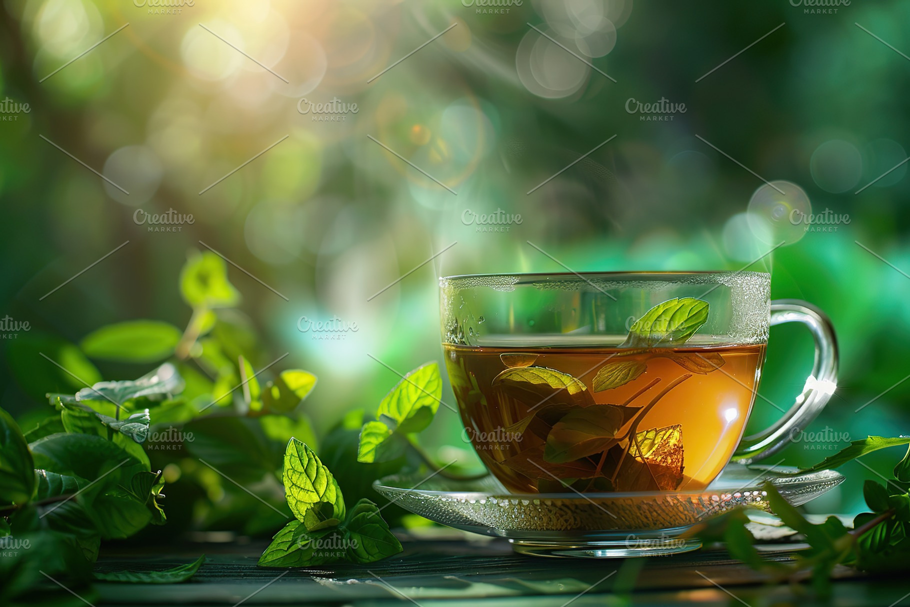 Glass cup of aromatic tea with green mint leafs and steam on blurred green back, a Food & Drink Photo by AlyaAnd