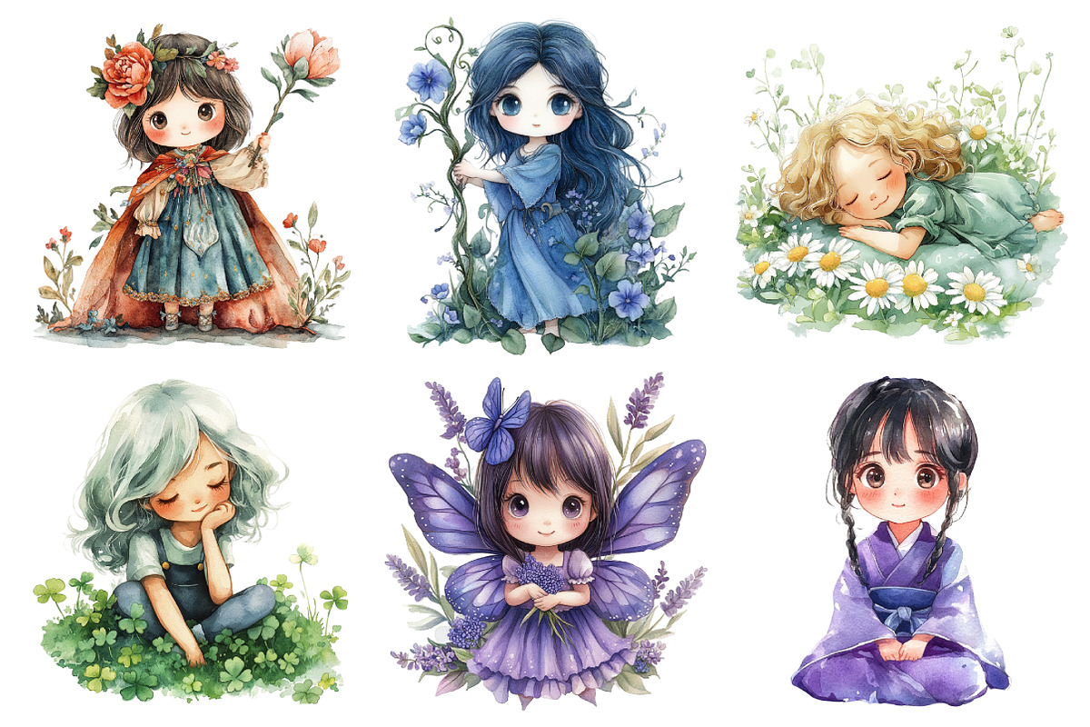 Cute Chibi Floral Girls Clipart, an Illustration by Daily.Designs (Photo 3 of 5)