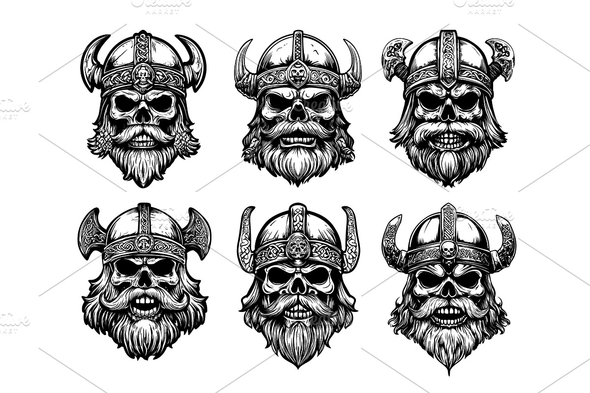 Viking skulls black ink sketch, an Object Illustration by Onyx