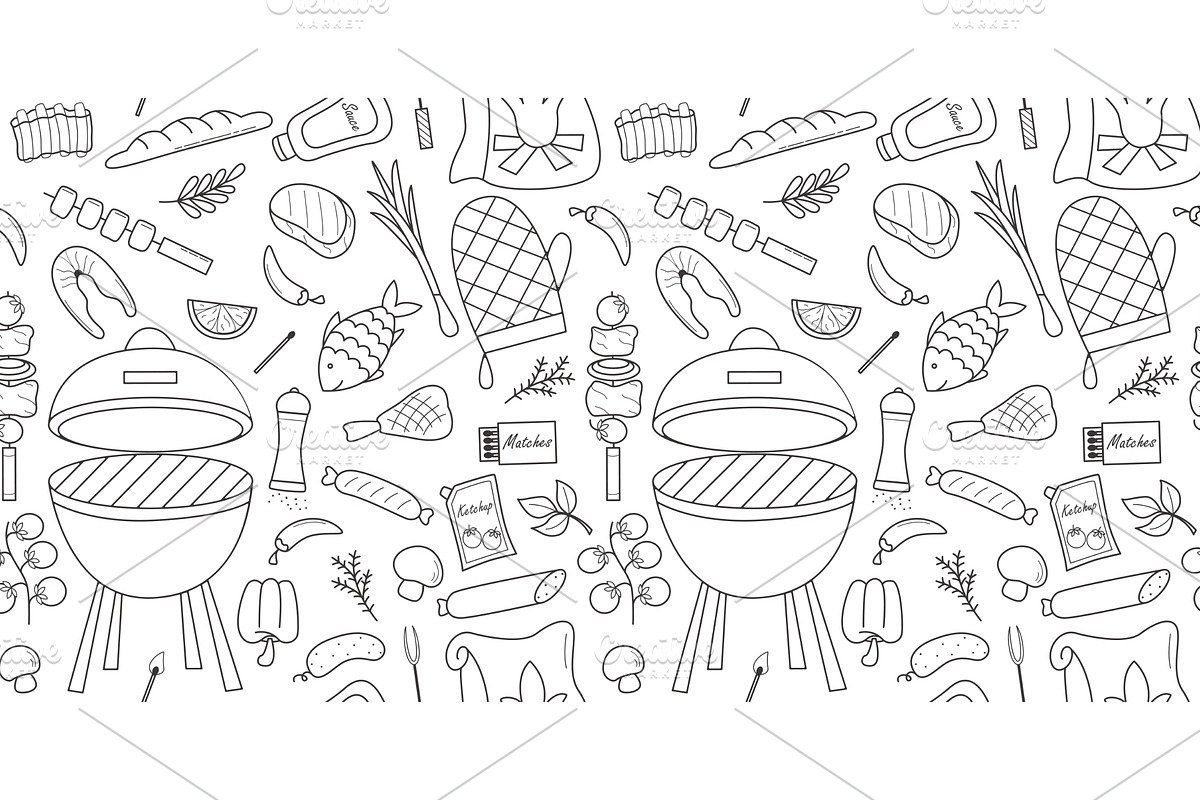 Barbecue seamless pattern doodle, a Food Illustration by Tati_Kli