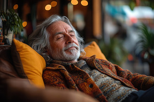 Senior man relaxing comfortably indo, a Photo by Tanuart