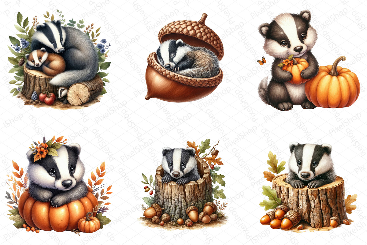 Watercolor Autumn Badger Clipart, an Illustration by DreamPrint404 (Photo 3 of 6)