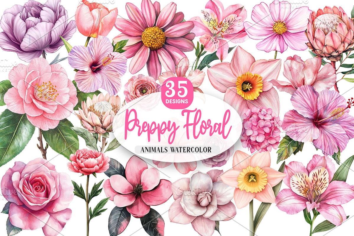 Watercolor Preppy Floral Clipart, an Illustration by Watercolor design (Photo 1 of 5)
