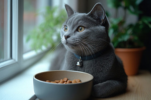 Gray cat gazes out the window while, a Photo by Tanuart