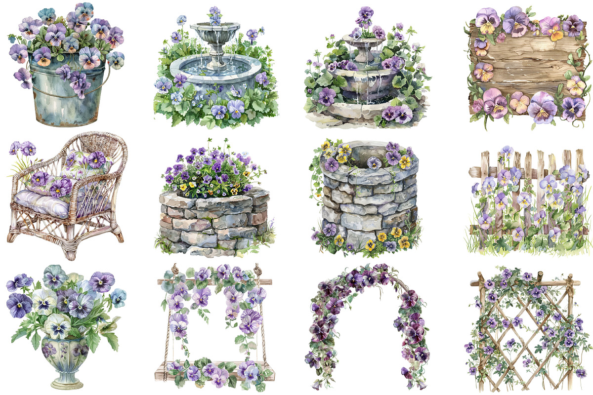 Pansy Garden Watercolor Clipart, an Illustration by DreamCafeArt (Photo 4 of 8)