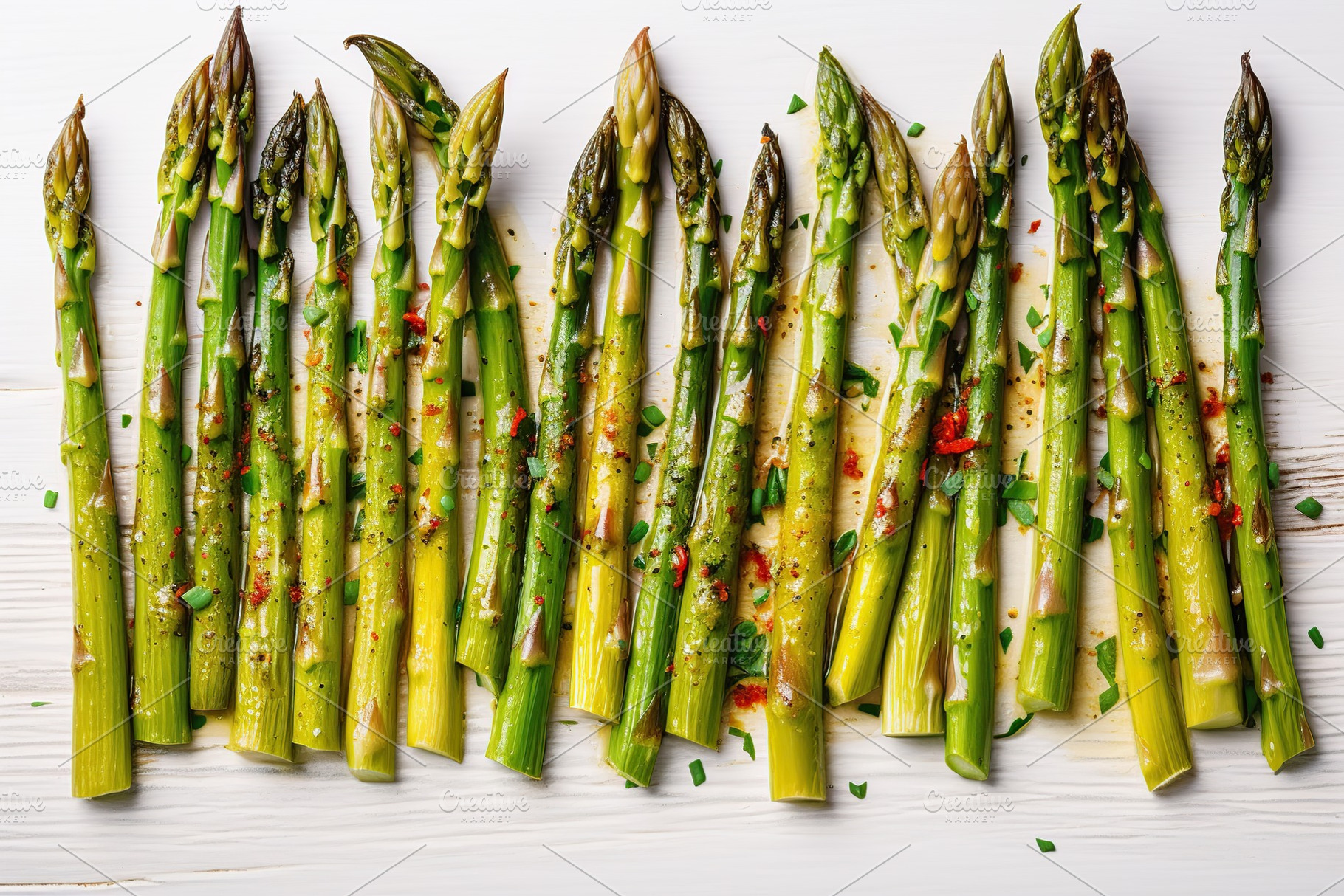 Baked asparagus with spices on wooden background, a Food & Drink Photo by AlyaAnd