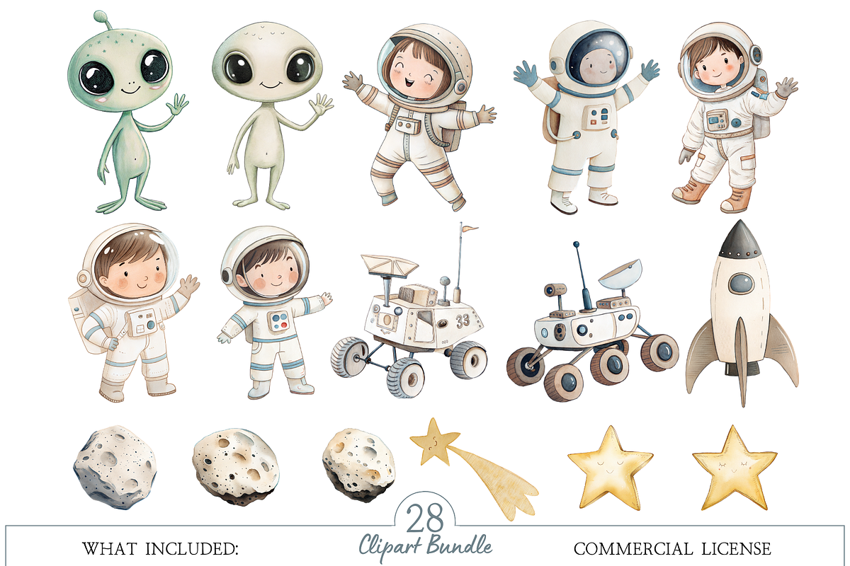 Little Astronauts Watercolor Set, an Illustration by MockupWizard (Photo 2 of 5)