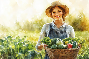 A cheerful woman wearing a straw hat and overalls, holding a basket filled with, a Person Photo by Textures & Backgrounds