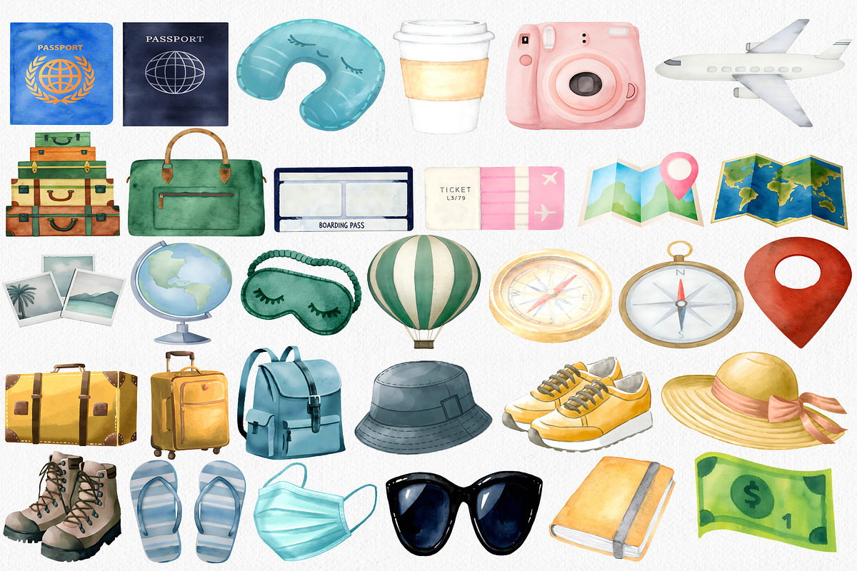 Watercolor Travel Clipart Set, an Illustration by CropUp Creative (Photo 2 of 4)