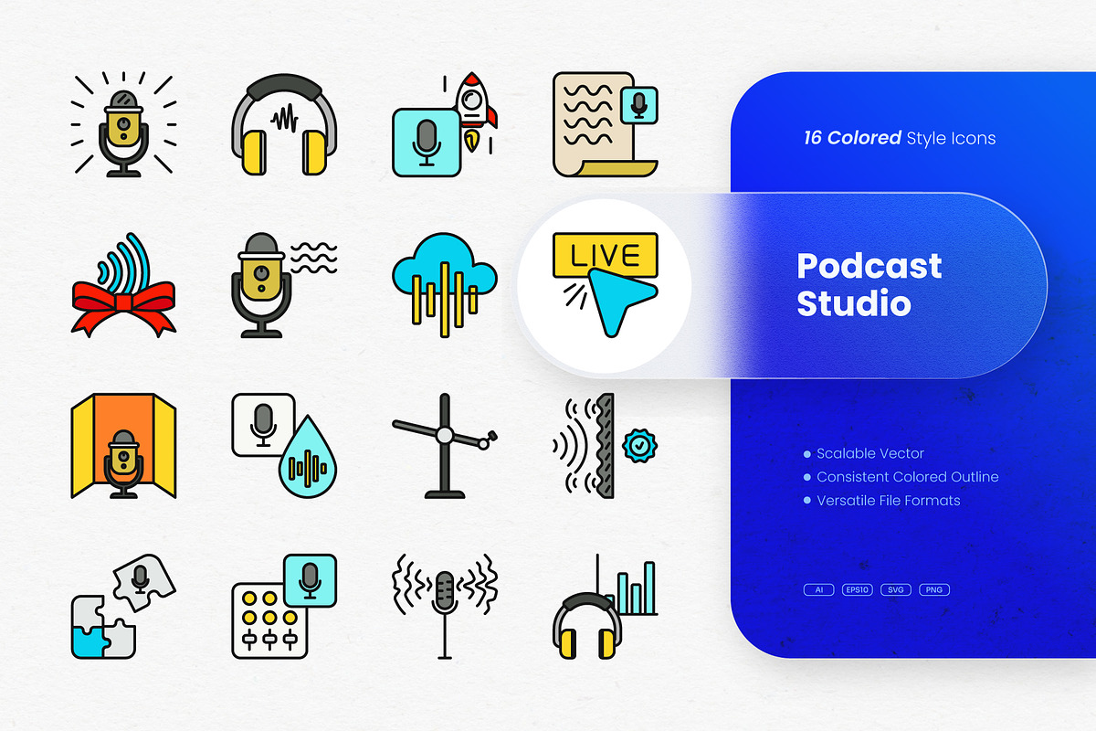 Podcast Studio Colored Icons, an Outline Icon by cidcud_graphic