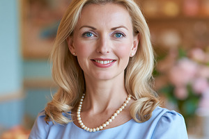 Professional blonde woman smiling confident, wearing a pearl nec, a Person Photo by Studio ANNA