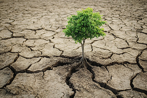 Green tree growing from arid soil, global warming, a Photo by AlyaAnd