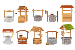 Set of wooden and stone well with