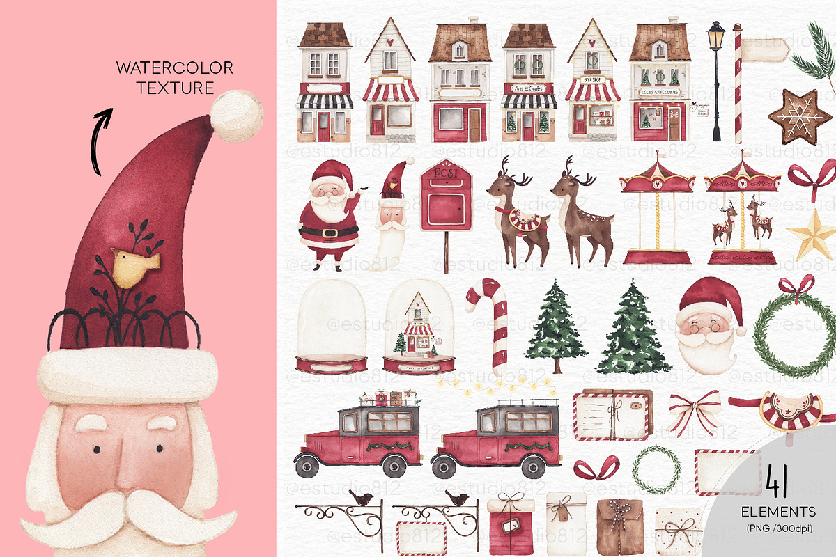 Christmas Village watercolor set, a Decorative Illustration by Estudio 812 (Photo 3 of 10)