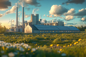 A modern industrial facility with solar panels on the roof, surrounded by a fie, a Transportation Photo by Textures & Backgrounds