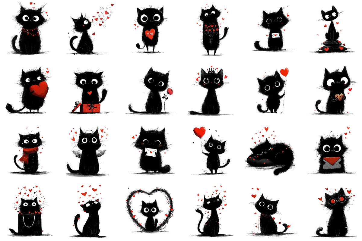 Whimsical Valentine Black Cat Clipar, an Illustration by designcity5 (Photo 2 of 5)
