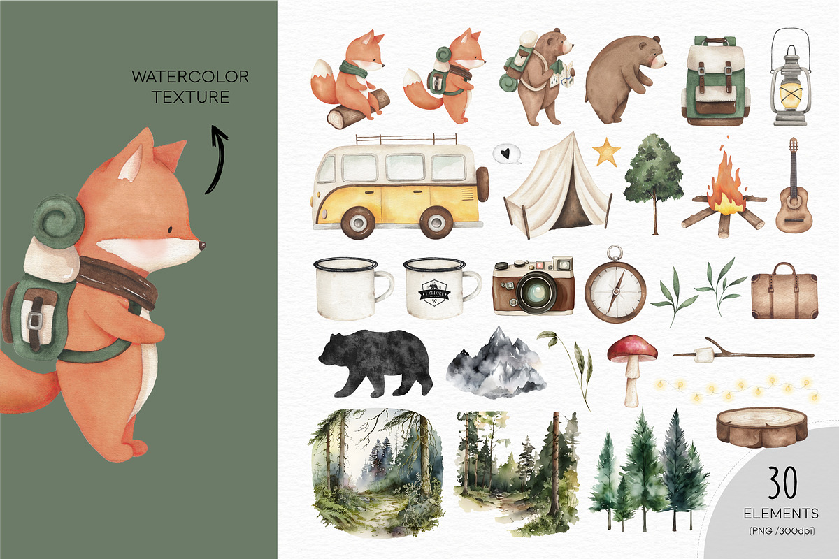 Camping watercolor set, an Animal Illustration by Estudio 812 (Photo 3 of 9)