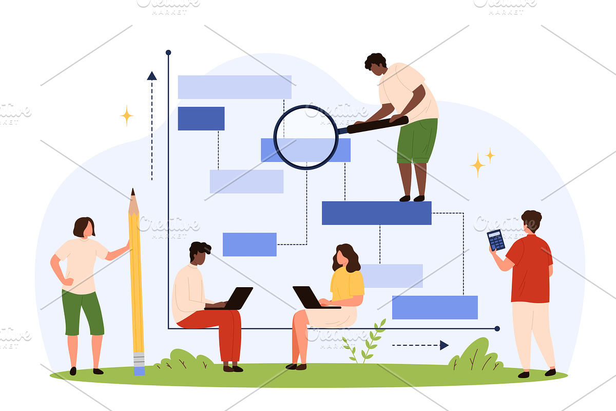 Teamwork Analyzing Data Chart Flat, a Person Illustration by Flashvector