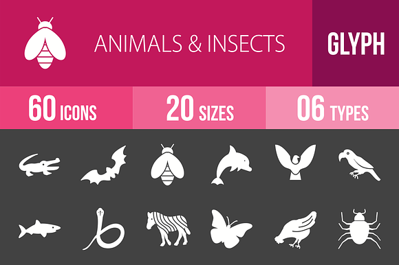 60 Animals Insects Glyph Inverted