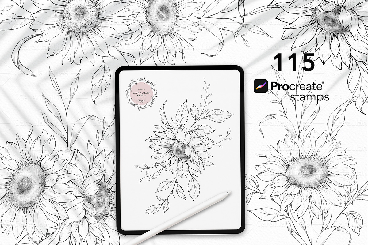 Sunflower Stamps for Procreate, a Brush Add-On by CaraulanStore (Photo 1 of 11)