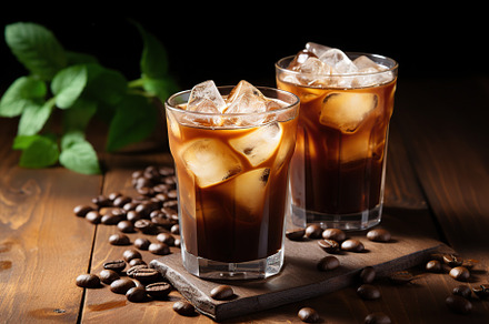 Iced coffee in glasses on wooden background, a Food & Drink Photo by AlyaAnd