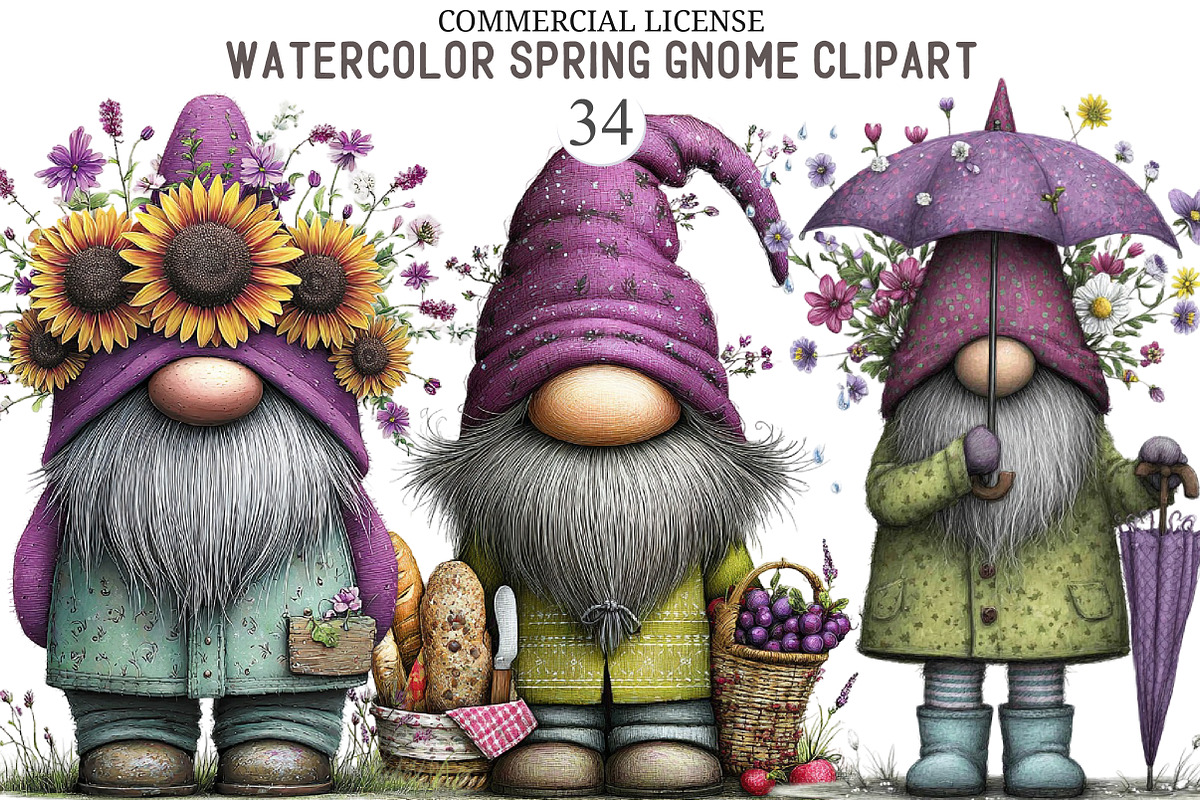 Watercolor Spring Gnome Clipart, an Illustration by designcity5 (Photo 1 of 5)