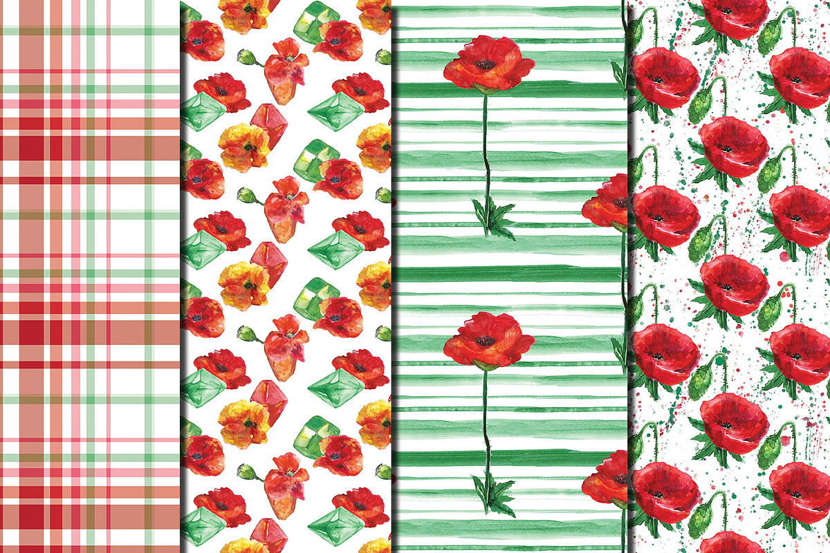 Watercolor Poppies patterns, a Pattern Graphic by DollyPotterson (Photo 2 of 6)