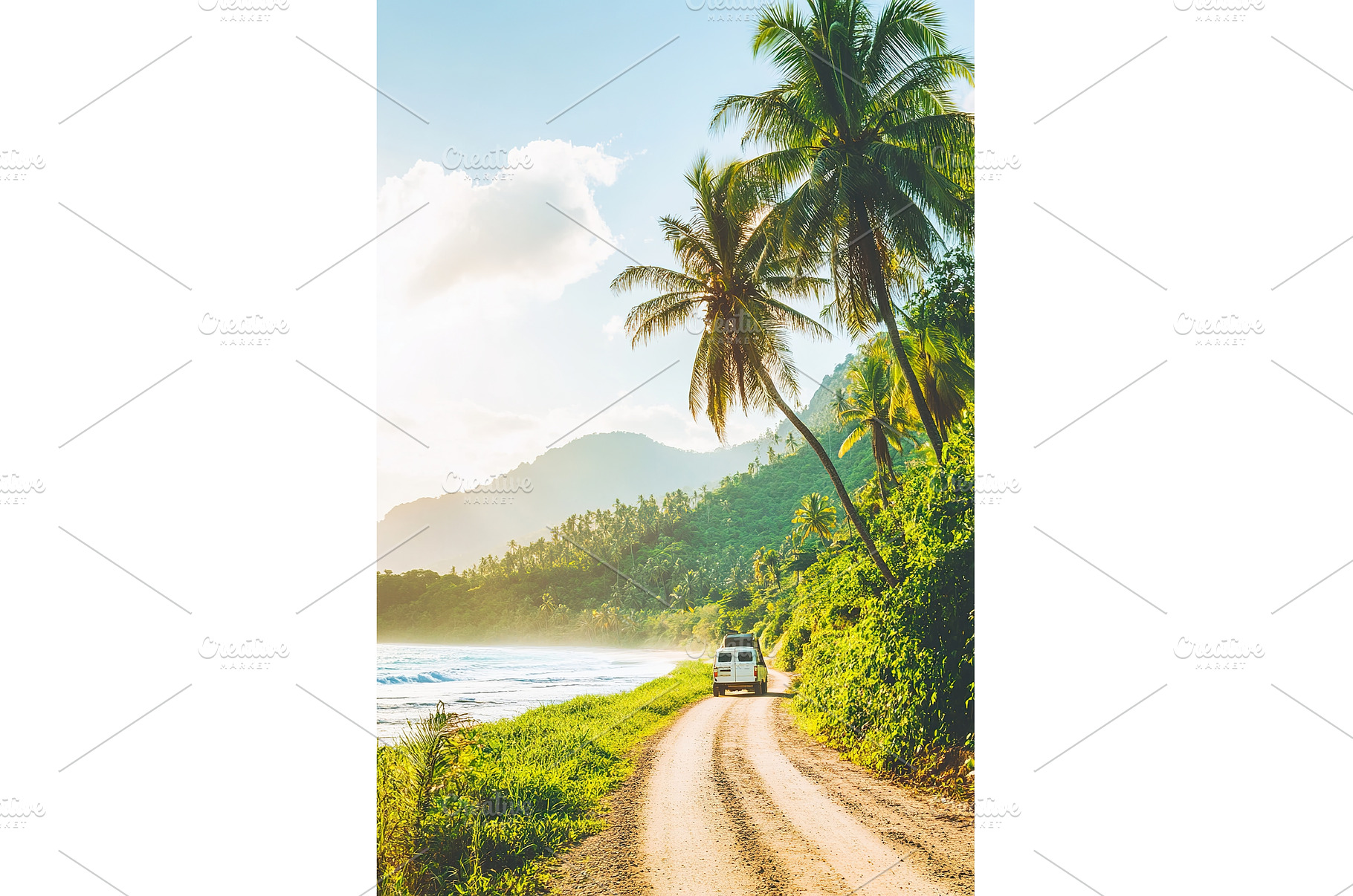 Van traveling on tropical beach road, a Nature Photo by Lermont51