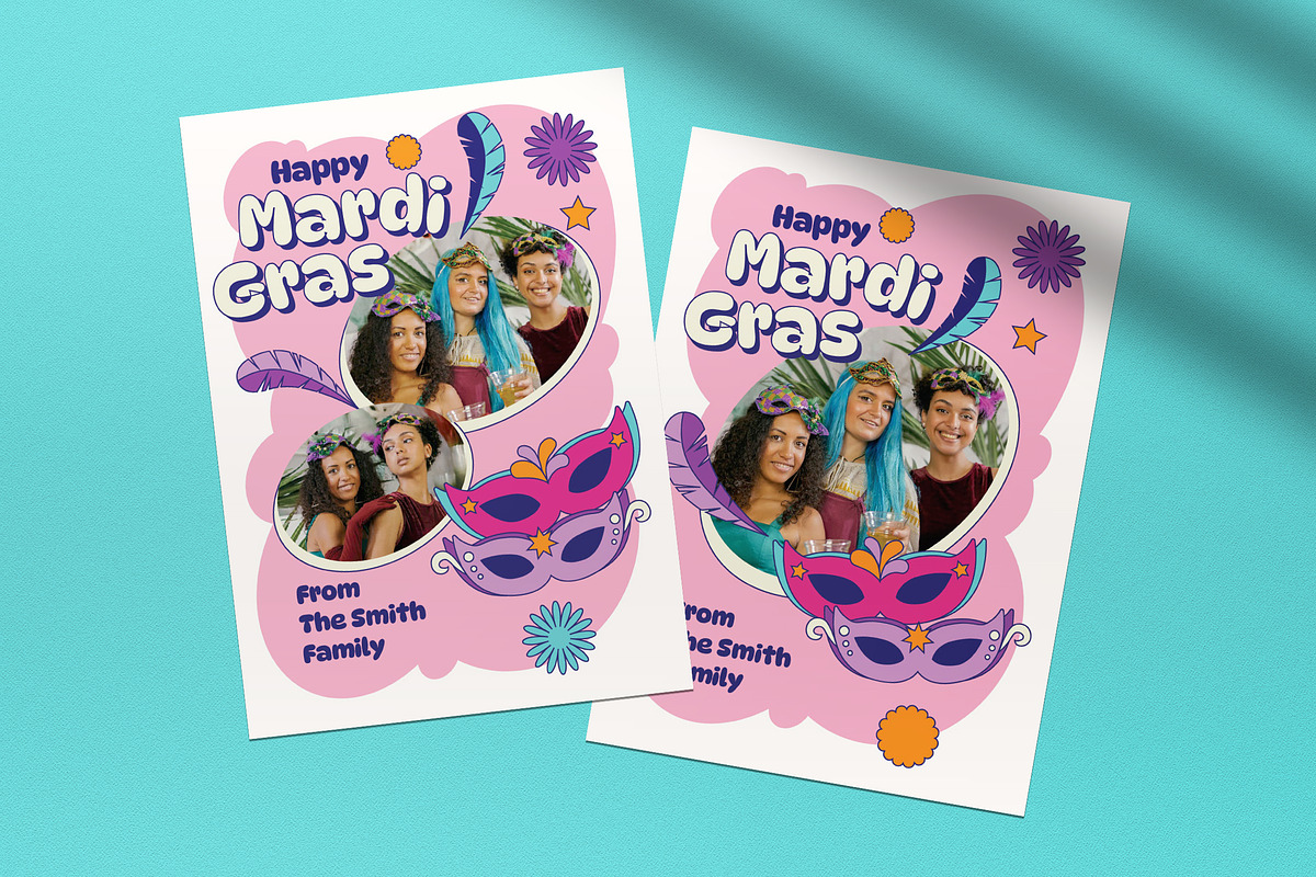 Pink 90's Mardi Gras Greeting Card, a Card Template by graphicook (Photo 3 of 4)