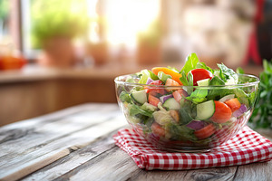 Fresh salad with vegetables in bowl, organic healthy food, a Food & Drink Photo by AlyaAnd