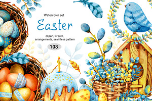 Easter watercolor set, colored eggs