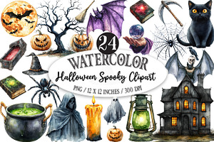 Watercolor Halloween Spooky Clipart, an Illustration by Designking