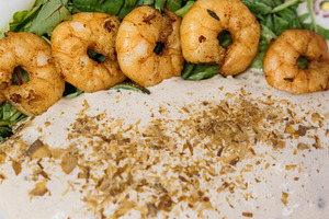 Restaurant food fried shrimp plate eggs sauce, a Food & Drink Photo by Photo Drive Studio