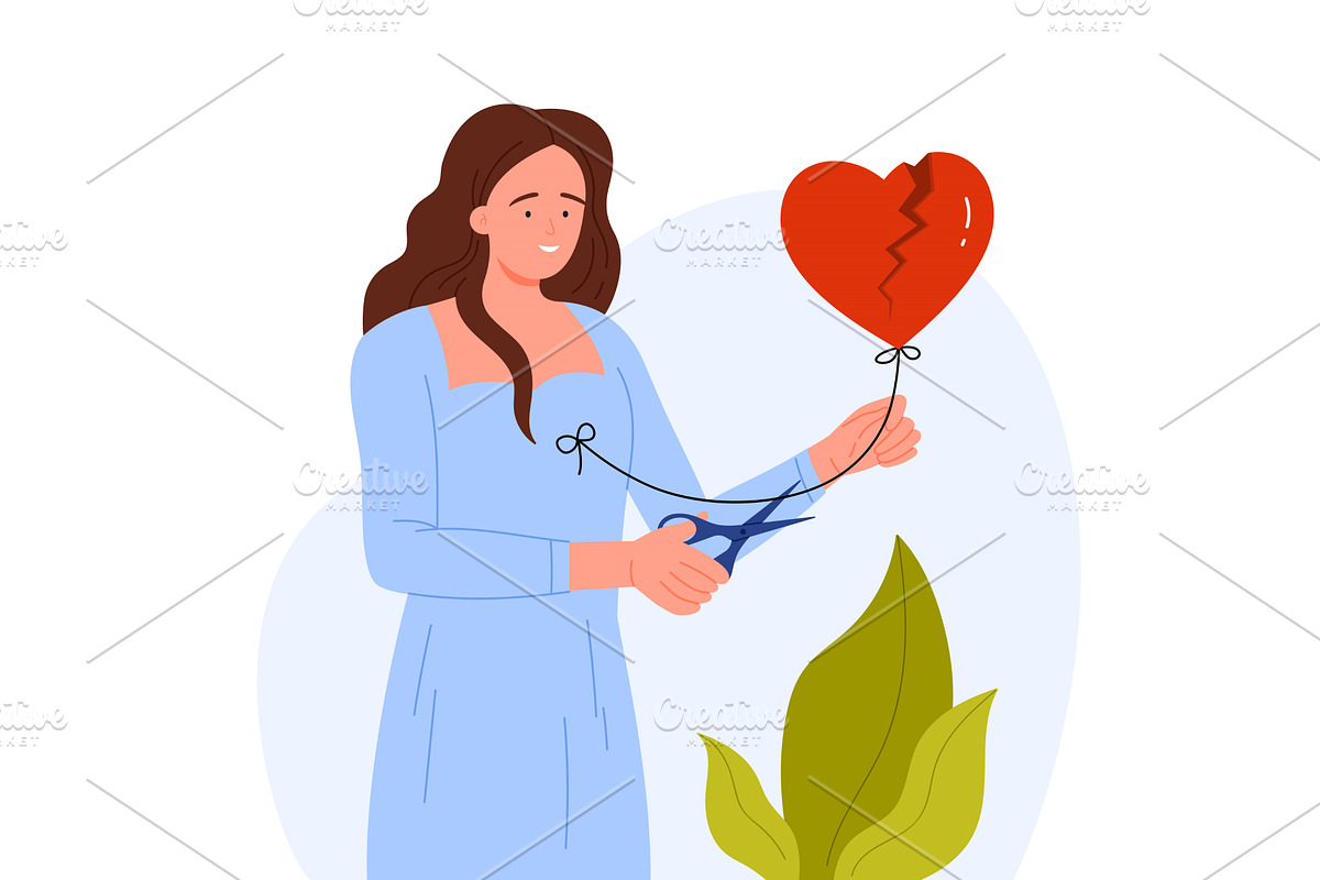 Woman Cutting Heart Balloon String, an Object Illustration by Flashvector
