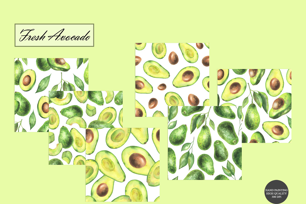 Watercolor Avocado Seamless Patterns, a Food Illustration by OlDm_Shop (Photo 8 of 10)