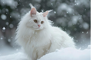 White Angora cat in snow. Generate, an Animal Photo by Ylivdesign