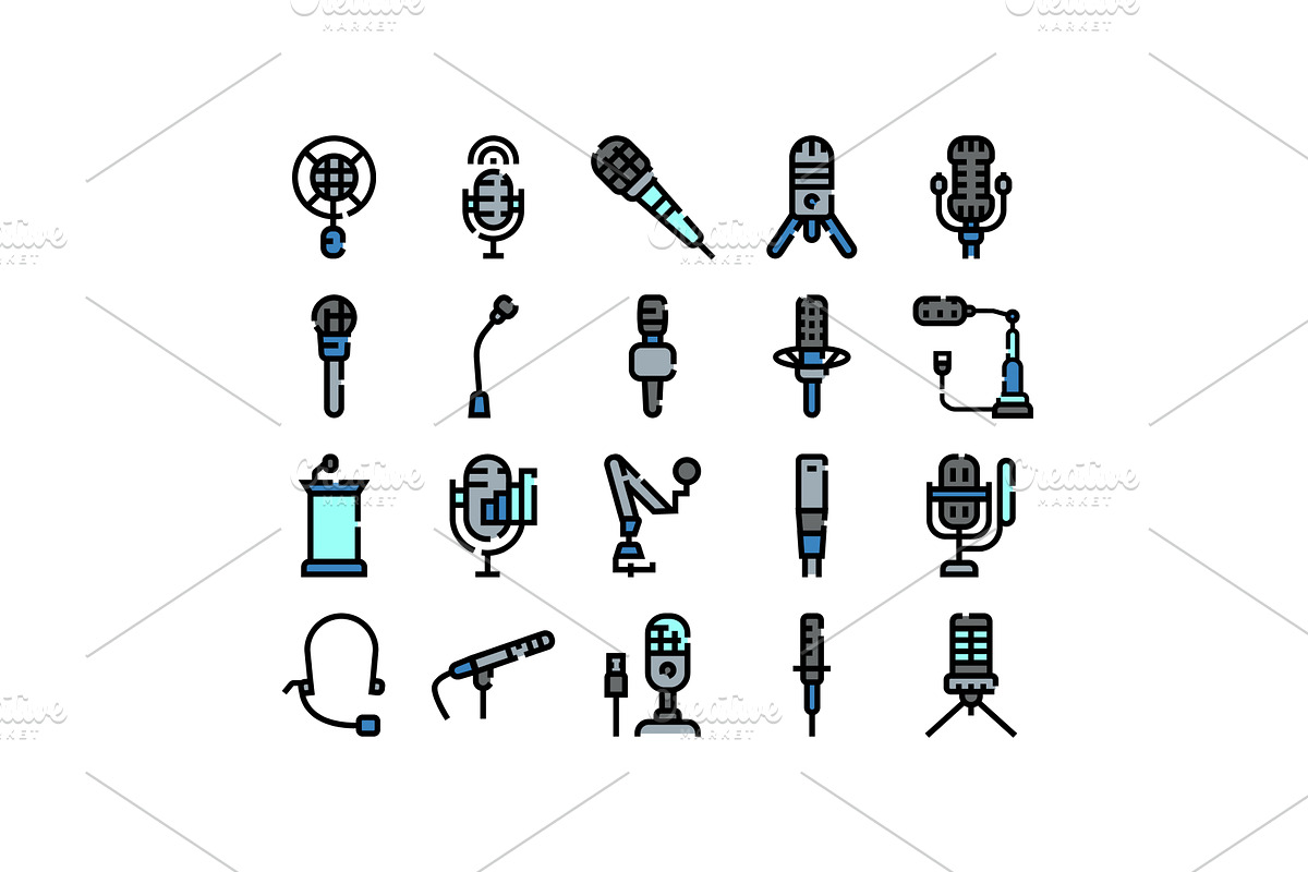 Microphone icon set for podcasting, a Technology Illustration by pikepicture